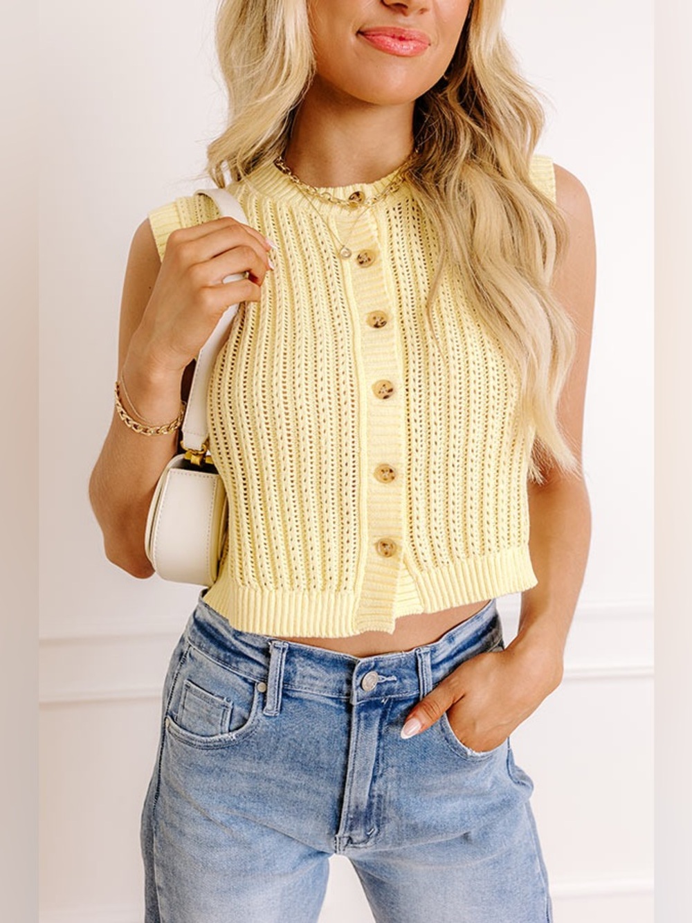 Olivaceous Yellow Sleeveless Button-Front Knit Crop Camisole